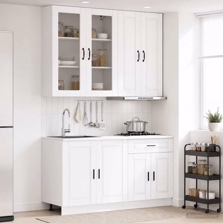 Set di 4 unità cucina moderne vidaXL PORTO in bianco con ante in vetro e ripiani interni, L/P/H: 100 x 46 x 80 cm
