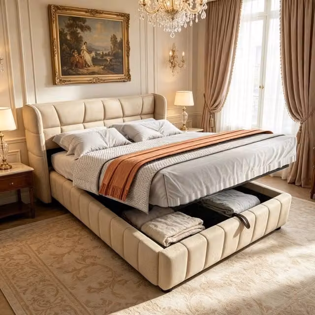 Letto imbottito 140 x 200 cm con schienale e sistema di contenitore pneumatico, struttura in lino per adulti e ragazzi, Beige