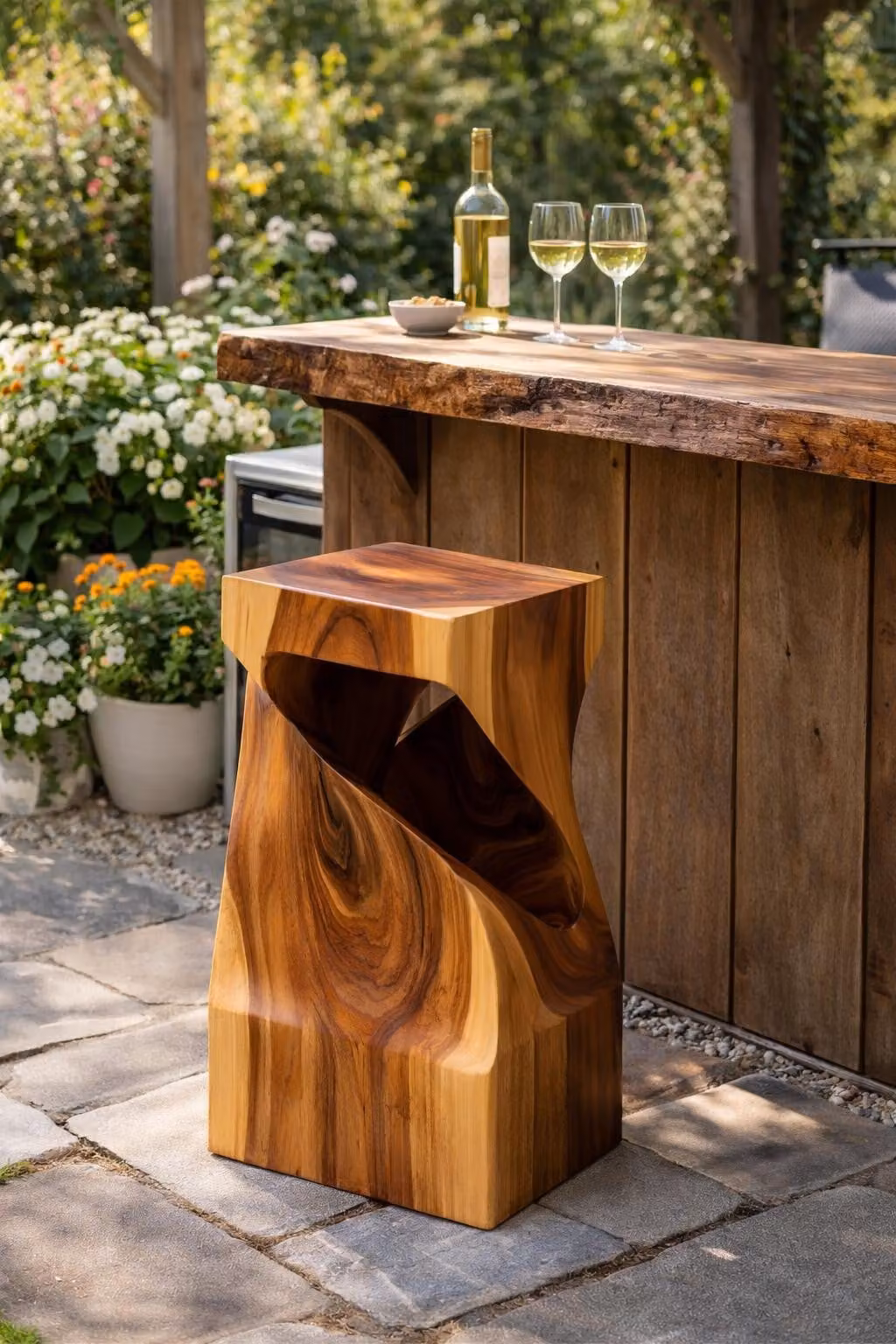 Robuster Brauner Barstuhl Designer Naturholz Exklusiver Einsitzer