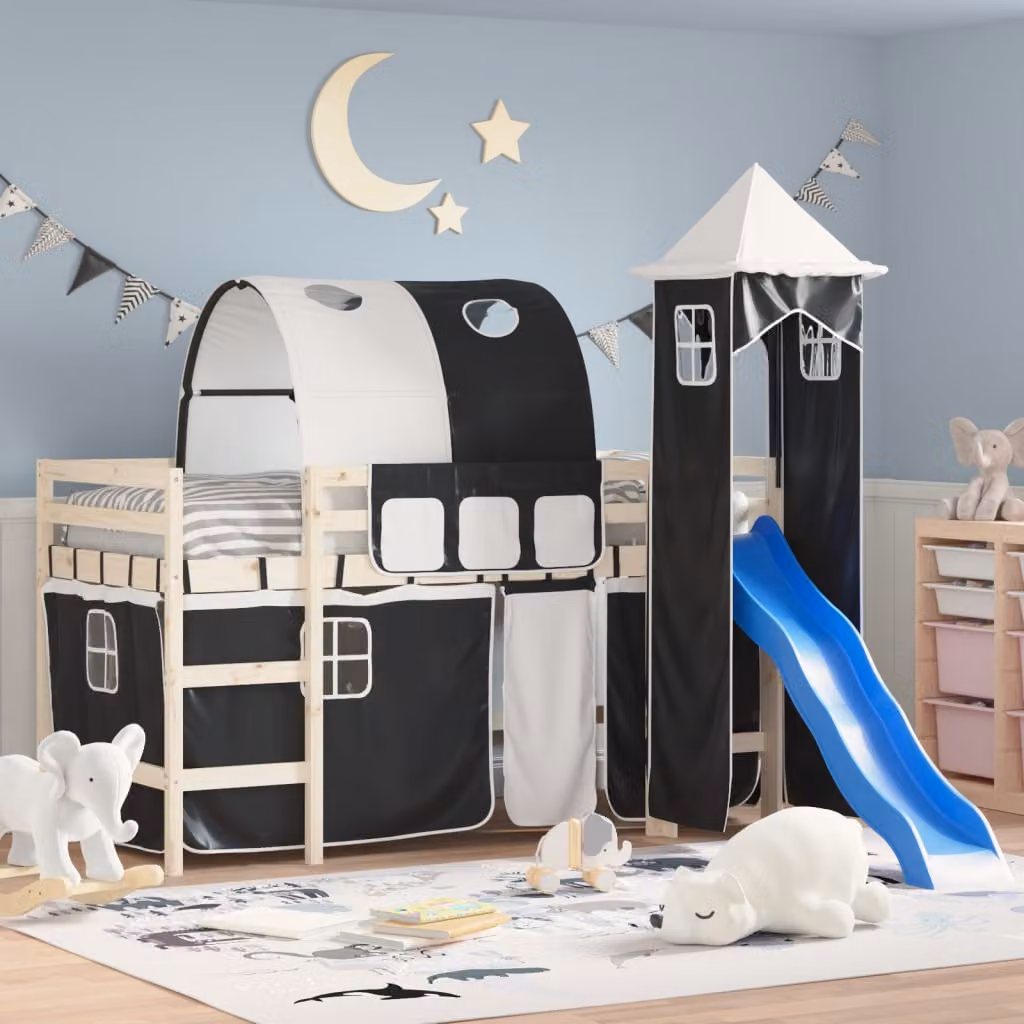 vidaXL Tende per Letto a Soppalco con Tunnel e Torre per Bambini, Bianco e Nero