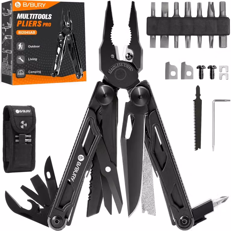 Multitool pinza multifunzione - 32 utensili - Acciaio inox con rivestimento nero - Per campeggio e fai da te