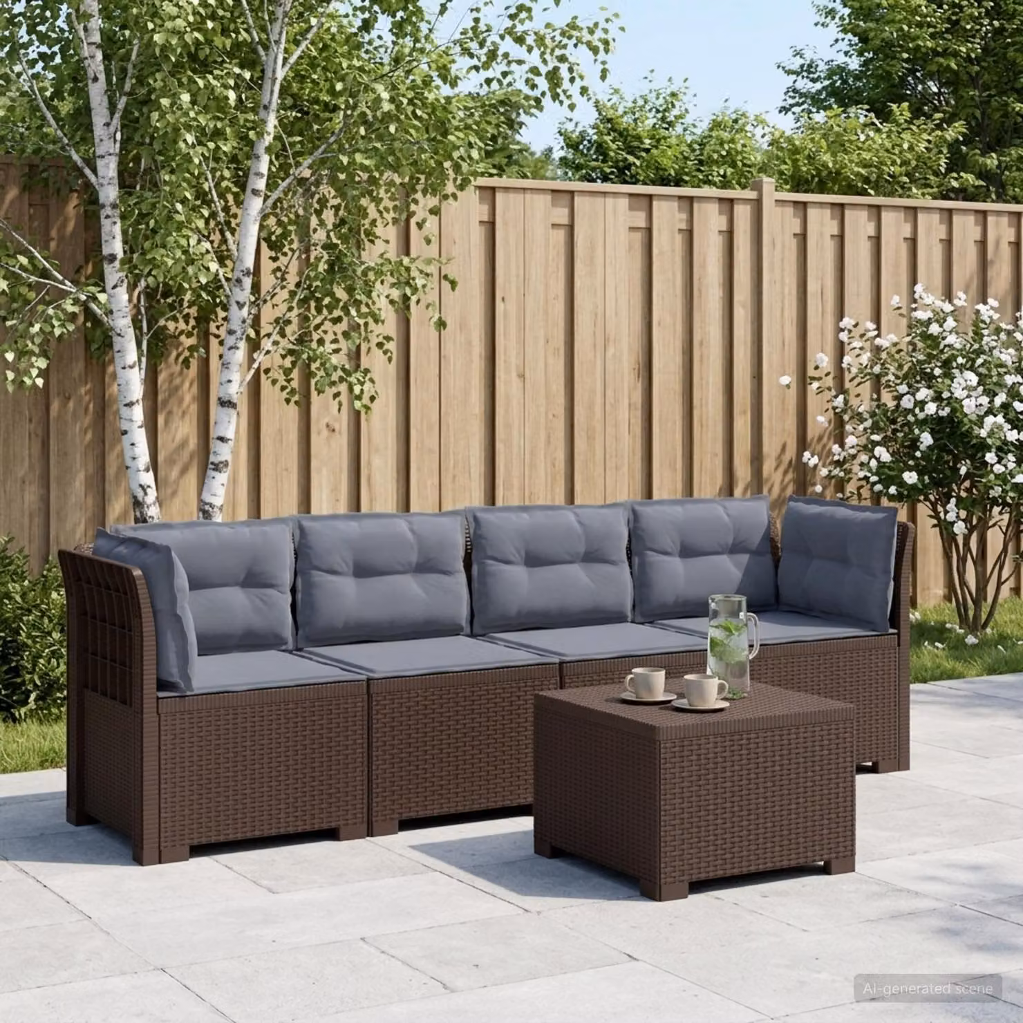 Set da giardino moderno vidaXL composto da divano da esterno, elemento angolare e tavolino da caffè in rattan sintetico con cuscini inclusi, disponibile nei colori marrone e grigio