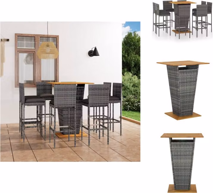 vidaXL Set bar da giardino 9 pezzi con cuscini in poly rattan grigio - Set di mobili da giardino