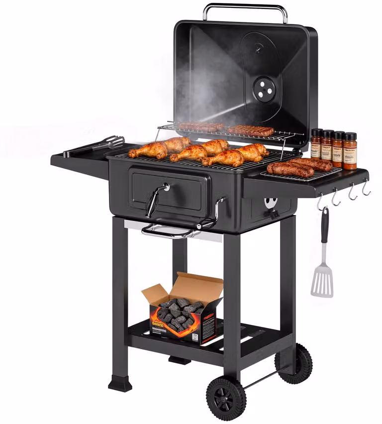 Barbecue a carbonella con coperchio, termometro, altezza regolabile, vaschetta per il carbone, griglia, tavolino laterale e cassetto raccogli cenere