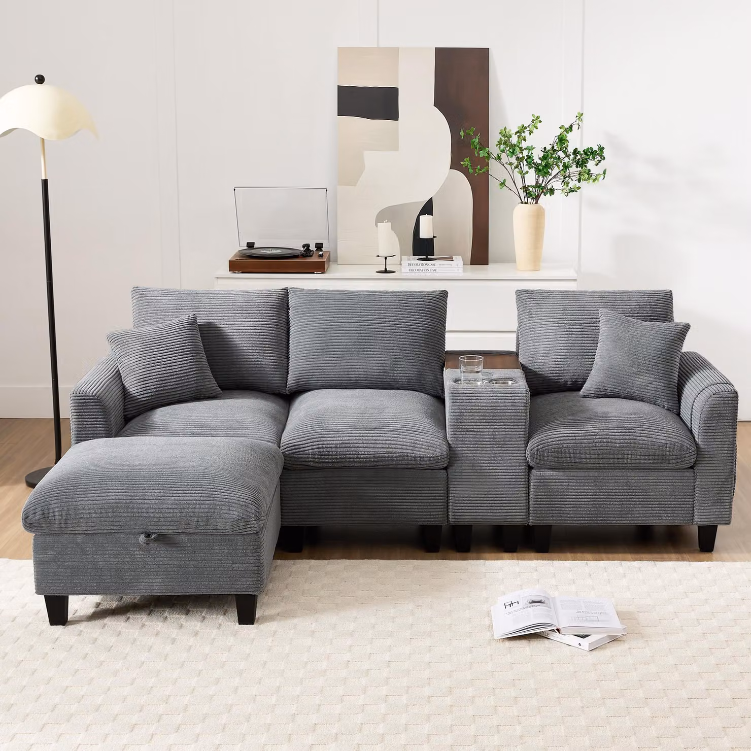 Divano angolare moderno a forma di L, consolle, 2 portabicchieri, porta USB, tasca laterale, cuscini, cavo (grigio)