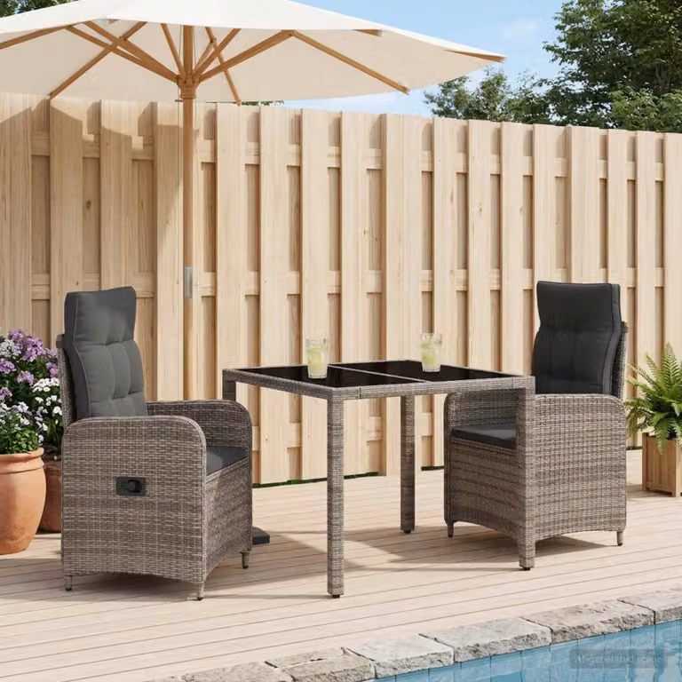 Set da pranzo per esterni vidaXL in polyrattan e vetro, 3 pezzi, Grigio