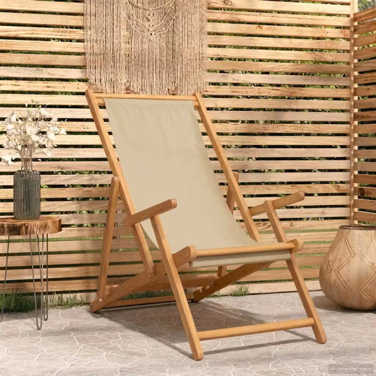 Sedia da spiaggia vidaXL in legno di teak massiccio e tessuto beige resistente ai raggi UV con braccioli
