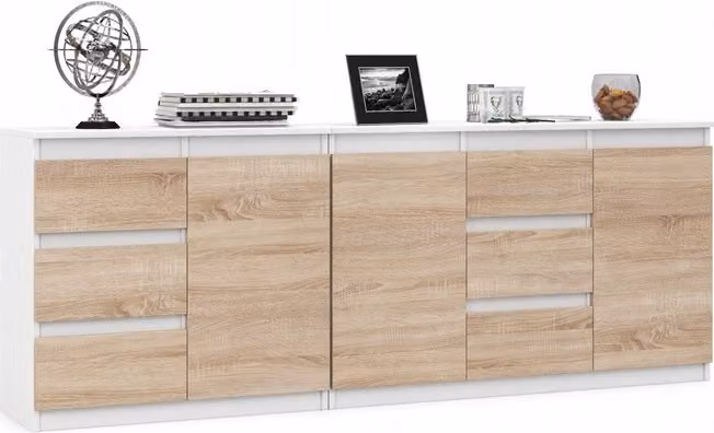 VBChome Due cassettiere 80 x 35 x 75 cm e 120 x 35 x 75 cm con 6 cassetti e 3 ante Bianco - Rovere Sonoma Cassettiera senza maniglie Camera da letto