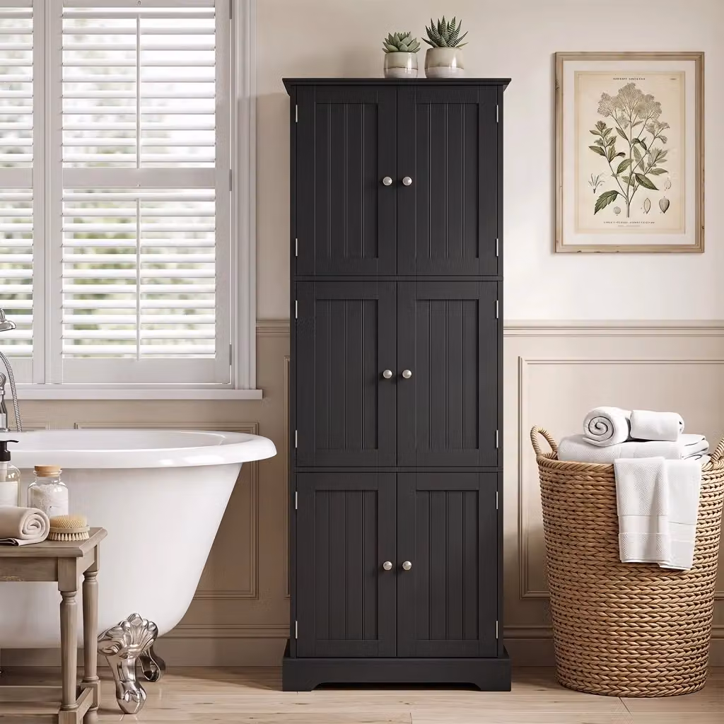 Mobiletto alto salvaspazio nero con 6 ante e ripiani interni per bagno, cucina o soggiorno, H: 160 cm, L: 60 cm, P: 30 cm – 2