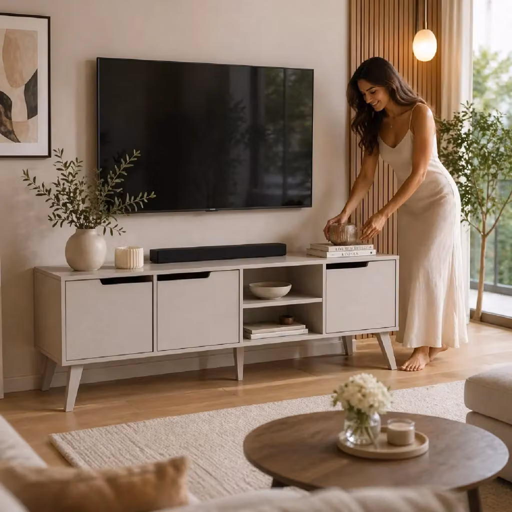 Mobile Porta TV Arreditaly Design Scandinavo con 3 Ante e 2 Vani A Giorno, Colore Cashmere Beige, L/P/H: 180 x 40 x 55 cm – 2