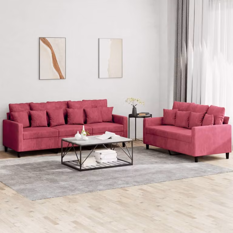 Set di 2 Divani vidaXL in Velluto Rosso con Cuscini per Soggiorno