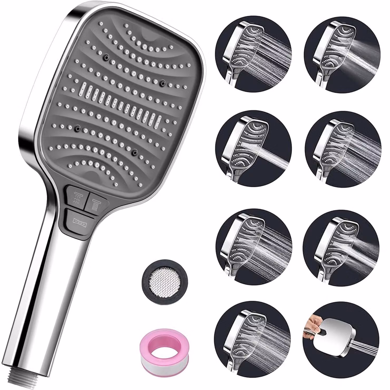 Doccia con 8 diverse tipologie di getto, soffione doccia grande, doccetta manuale, a risparmio idrico, finitura argento, per bagno