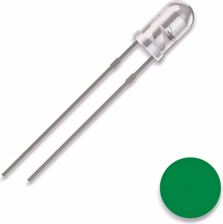QUADRIOS LED, 3 mm, colore luce: verde , colore alloggiamento: chiaro, 8000 mcd, 520 nm, 2,54 mm