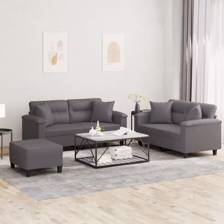 Set di divani 3 pezzi vidaXL in similpelle grigia con cuscini per soggiorno in stile moderno