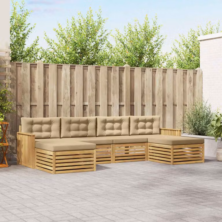 vidaXL Set di divani da esterno a L in legno di acacia con pouf, 6 pezzi, Bianco e Beige