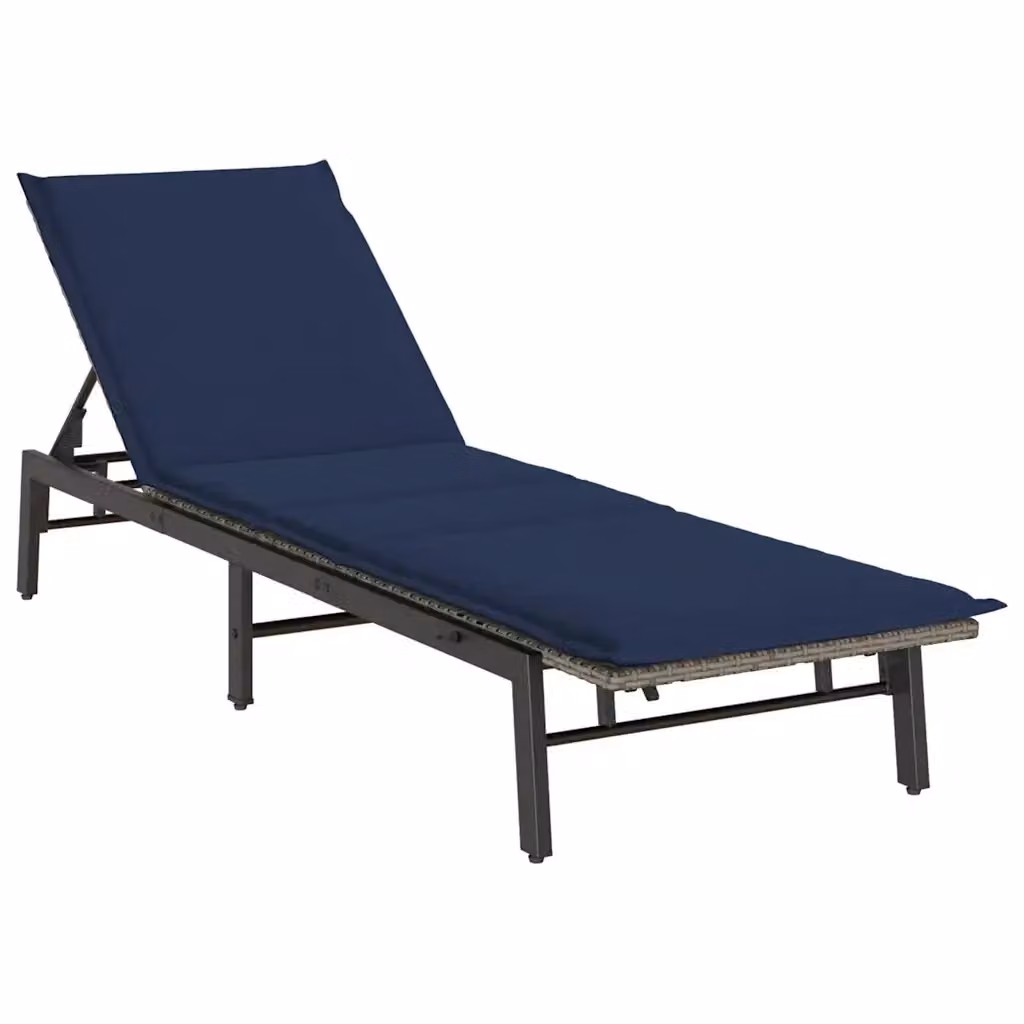 Lettino prendisole vidaXL in polyrattan con cuscino blu e grigio e poggiatesta regolabile – 2