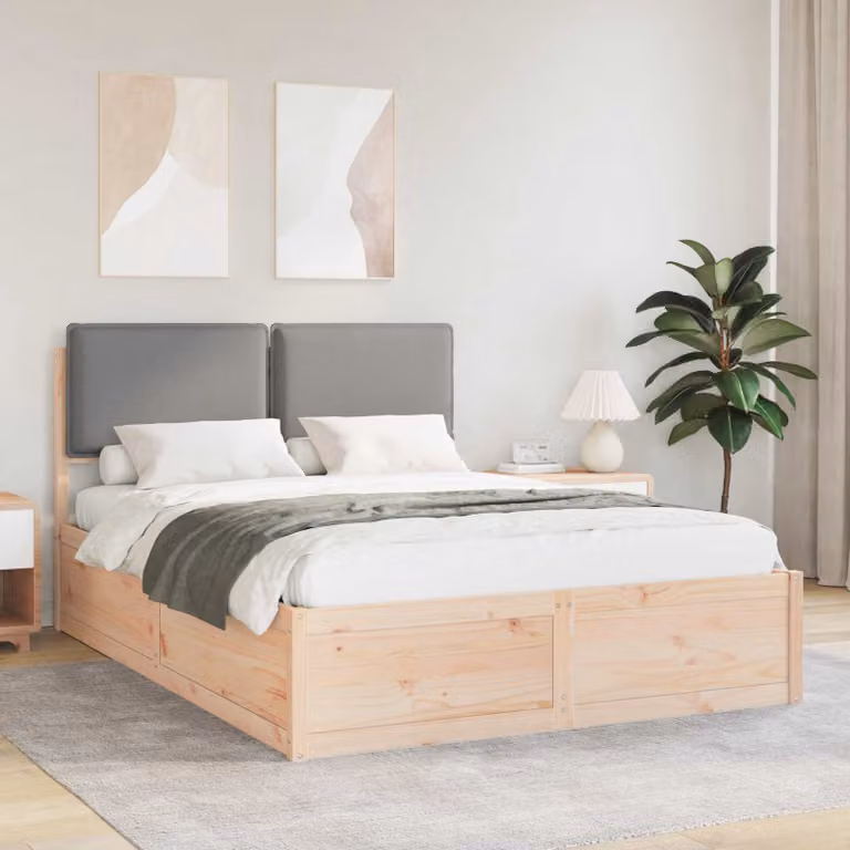 Letto con Testiera Rivestita vidaXL in Legno di Pino Grigio L: 150 cm, P: 200 cm, H: 156 cm