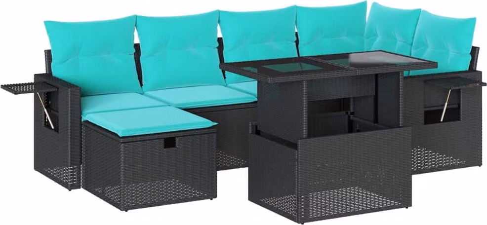 set di divani da giardino 7 pezzi con cuscini, polyrattan nero