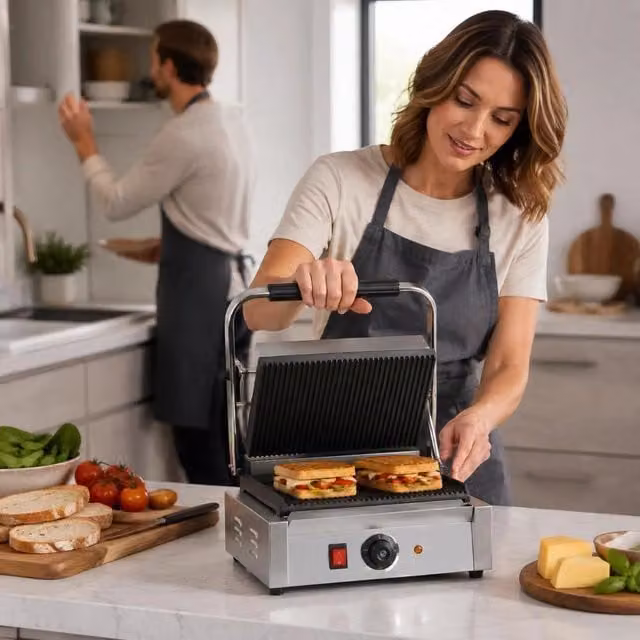 Commercial Panini Grill, Contact Grill 2200 W For Sandwiches, Steak, Bacon, Hamburgers, Sandwich Maker, Stainless Steel Press Grill With Handle, Temperature Control, And 34 X 23 Cm Heating Plate, Panini Press
