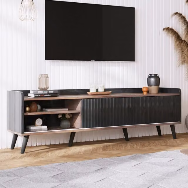 Mobile TV con 2 ante scorrevoli, 2 cassetti e ripiani, bordo rialzato, per soggiorno, nero e naturale, 160 × 40 × 58 cm