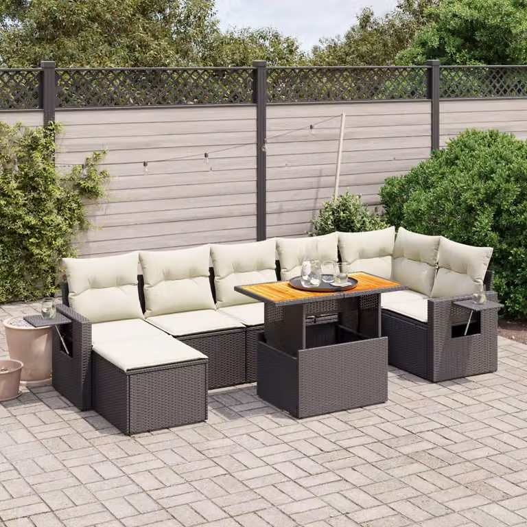 Set Divani da Giardino vidaXL a Forma di L in Polyrattan Nero con Cuscini e Tavolino da Esterno 8 pz