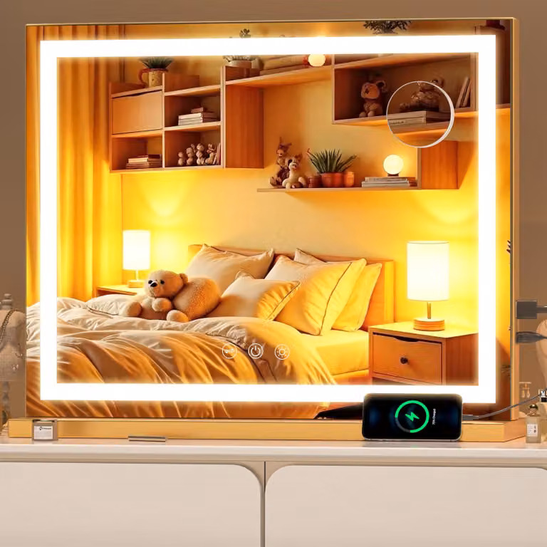 Specchio da trucco a LED, dimensioni 55x45 cm, ingrandimento 10x, 3 temperature di colore, finitura dorata