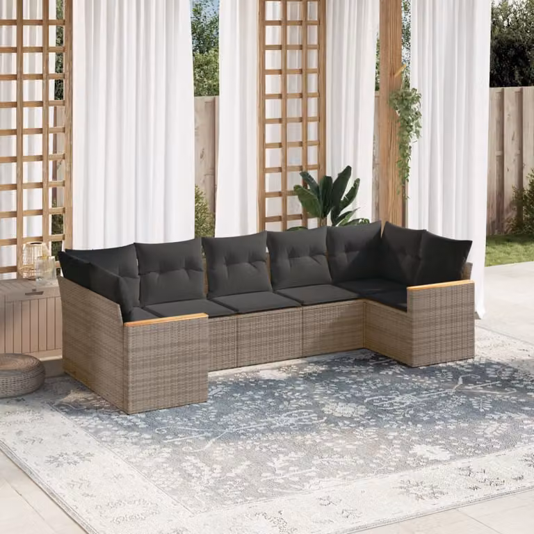 Set di divani da giardino a L vidaXL in polyrattan grigio con 7 pezzi e cuscini imbottiti
