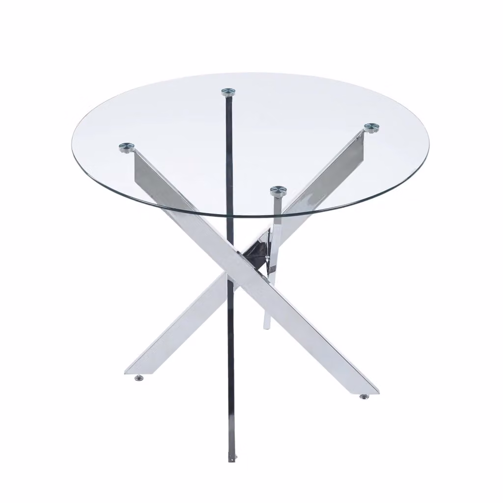 Tavolo da pranzo moderno Zephmum con piano in vetro temperato e base a croce in metallo argento L/P/H: 80 x 80 x 75 cm – 2