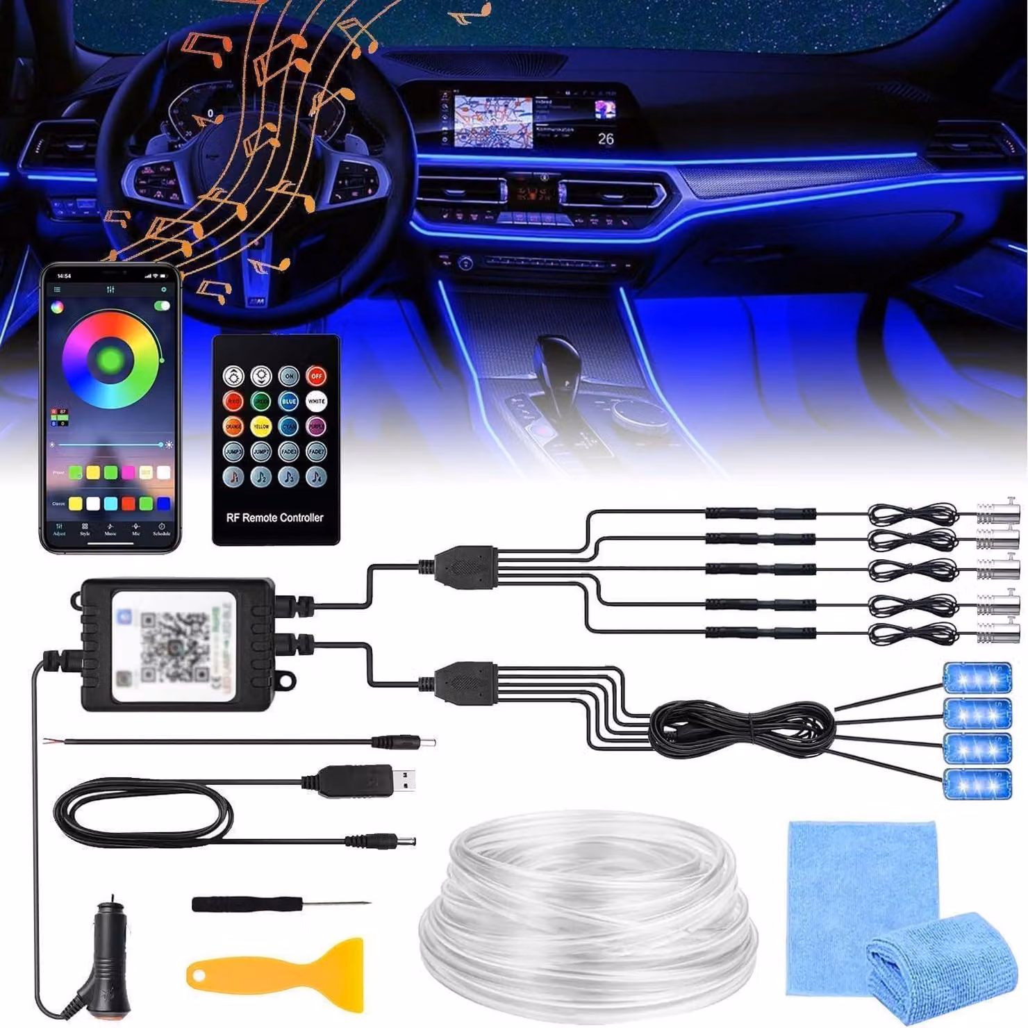 Illuminazione interna per auto a LED, 6 metri, luce d'ambiente RGB con controllo tramite app e telecomando, illuminazione del vano piedi, 12V