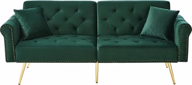 Divano letto ZR Home a 2 posti in velluto verde con piedi dorati e poggiatesta regolabile, L: 173 cm, P: 75 cm, H: 70 cm – 1
