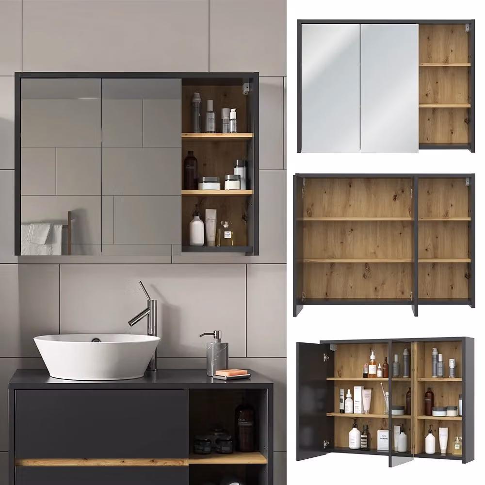 Specchio contenitore da bagno Vicco in legno rovere con ante in vetro e ripiani interni, L: 100 cm, H: 75 cm – 2
