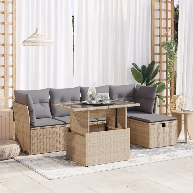 vidaXL Set Divano da Giardino 6 pz a Forma a L in Polyrattan con Cuscini Beige e Grigio