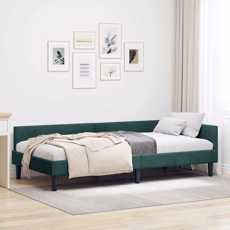 Cornice del letto ad angolo vidaXL in velluto verde con struttura in legno e metallo L: 200 cm, P: 80 cm, H: 140 cm