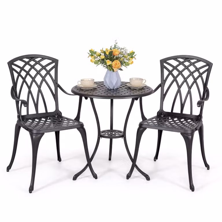 Set da bistrot Avestar in 3 pezzi in fusione di alluminio, set di mobili da giardino, tavolo da bistrot rotondo con 2 sedie da bistrot, nero
