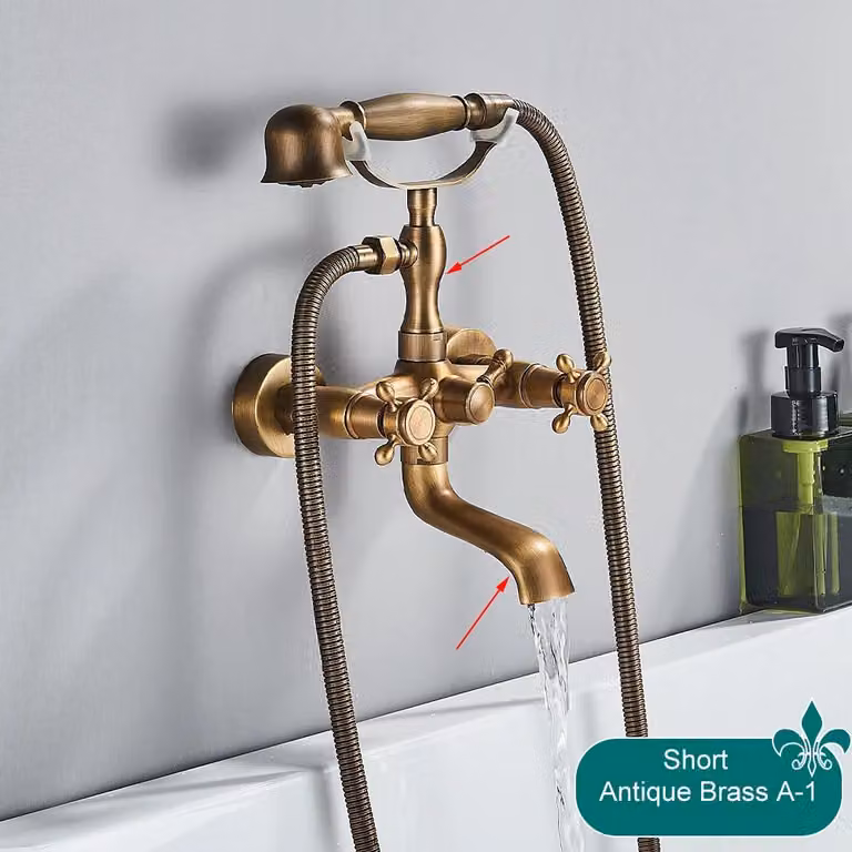 Miscelatore monocomando per vasca da bagno e doccia in stile telefono, finitura anticata in ottone spazzolato, con valvola in Vetroceramica per l'acqua calda e fredda