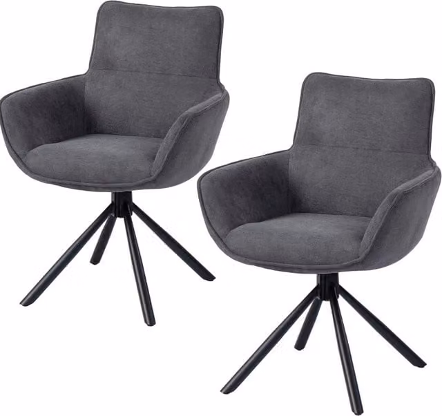 Set di 2 Sedie da Pranzo Girevoli con Braccioli, Rivestimento in Tessuto Grigio Scuro, Gambe in Metallo