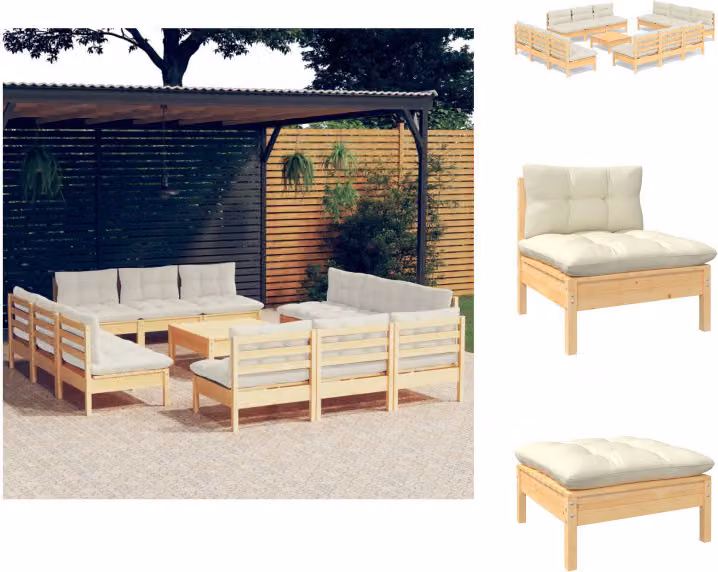 vidaXL Set di 13 pezzi per salotto da giardino con cuscini crema in legno di pino - Set di mobili da giardino