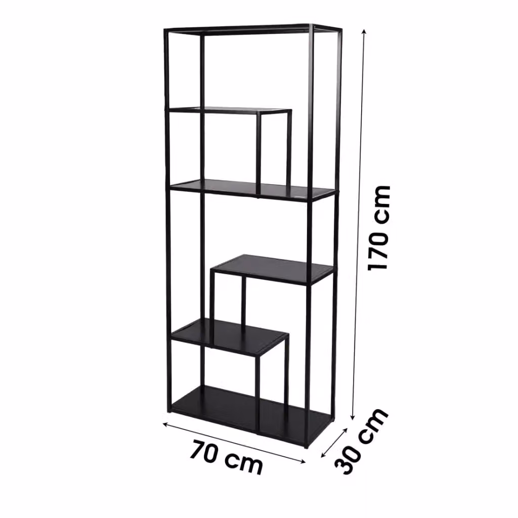 Biblioteca a 6 livelli collezione SOHO Meublorama con struttura in metallo e legno, colore nero, L: 70 cm, P: 30 cm, H: 170 cm – 2