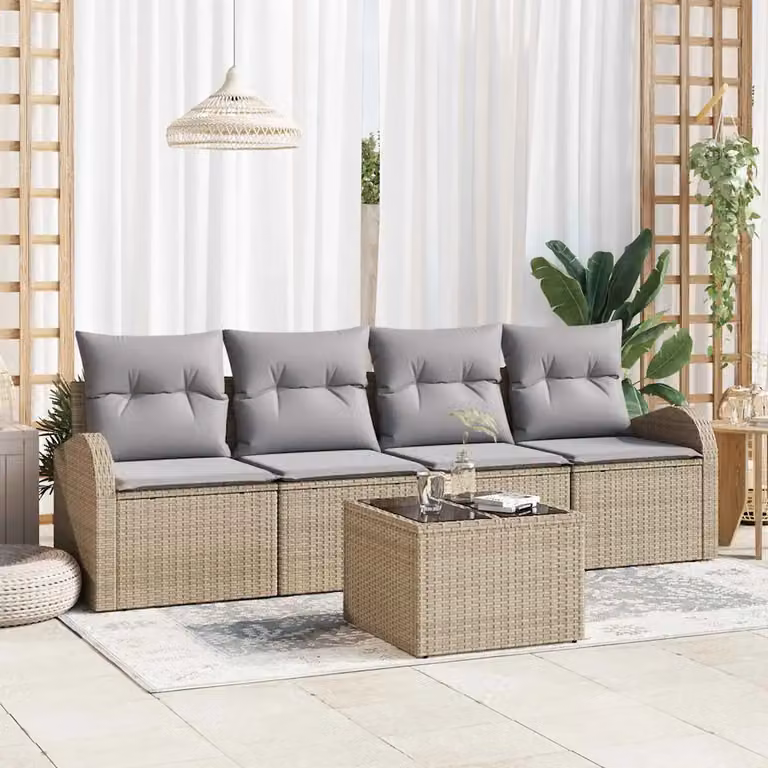 Set Divano da Giardino vidaXL 5 Pezzi con Tavolino, Beige e Grigio