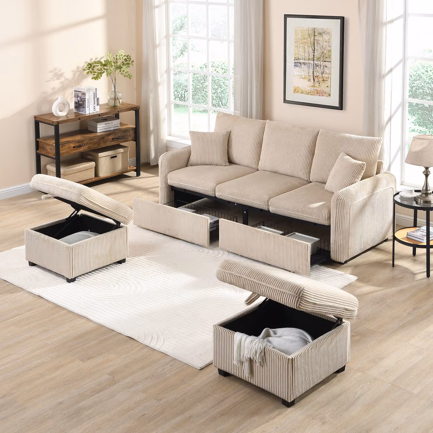 Merax Divano angolare a U con funzione letto e contenitore, set di divani a tre posti con 2 poggiapiedi - tessuto ciniglia, struttura in metallo, componibile, beige