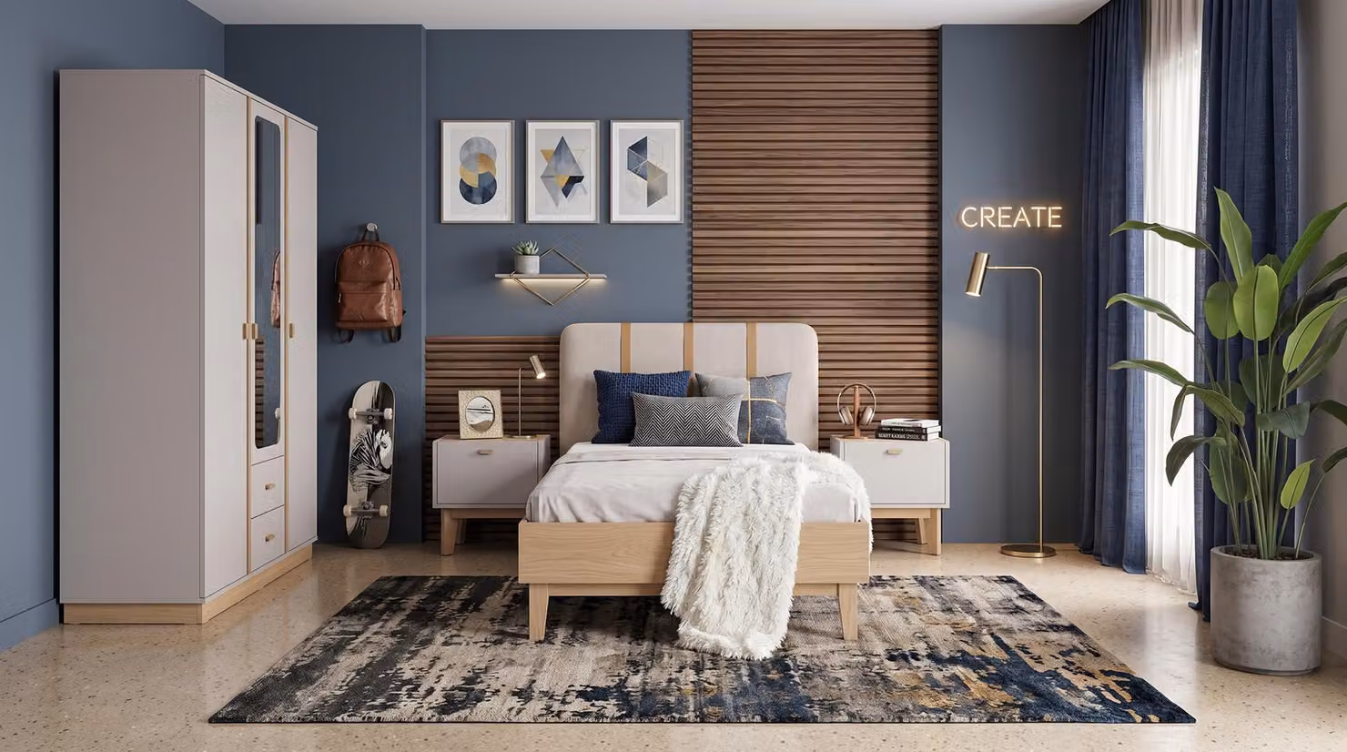 Letto, armadio, comodini e altri elementi d'arredo per una camera da letto moderna e di design, in tonalità beige