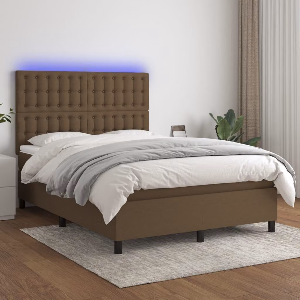 The Living Store Letto a molle con materasso e LED in tessuto marrone scuro 140x200 cm