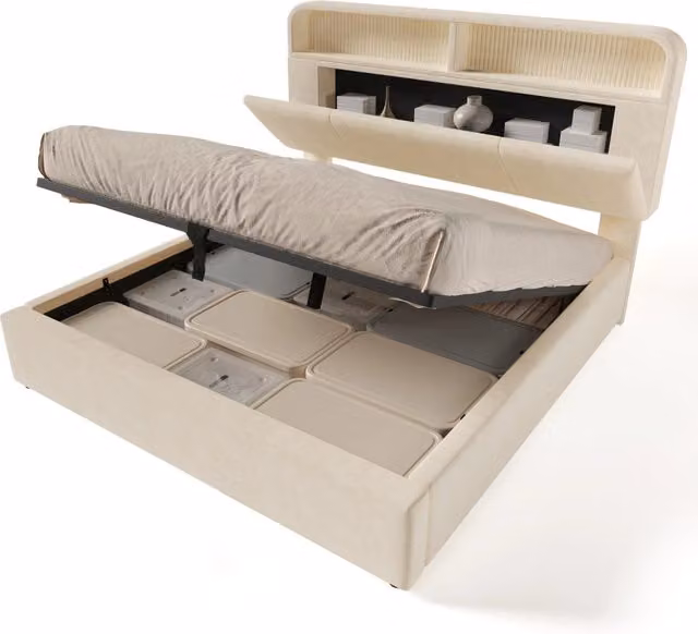 Letto matrimoniale 160x200 cm con contenitore; LED e ricarica USB; in velluto beige