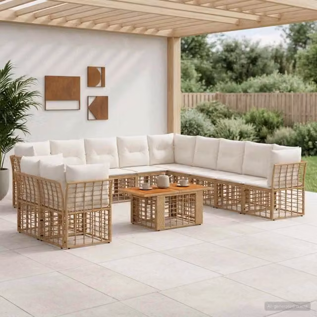 Set Divano da Giardino 12 pz Naturale e Bianco Crema polyrattan 3437884