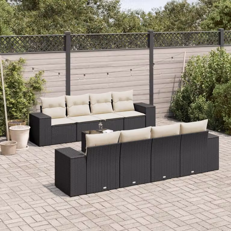 Set di divani da giardino vidaXL in polyrattan nero con cuscini, tavolino e poltrone a forma di U