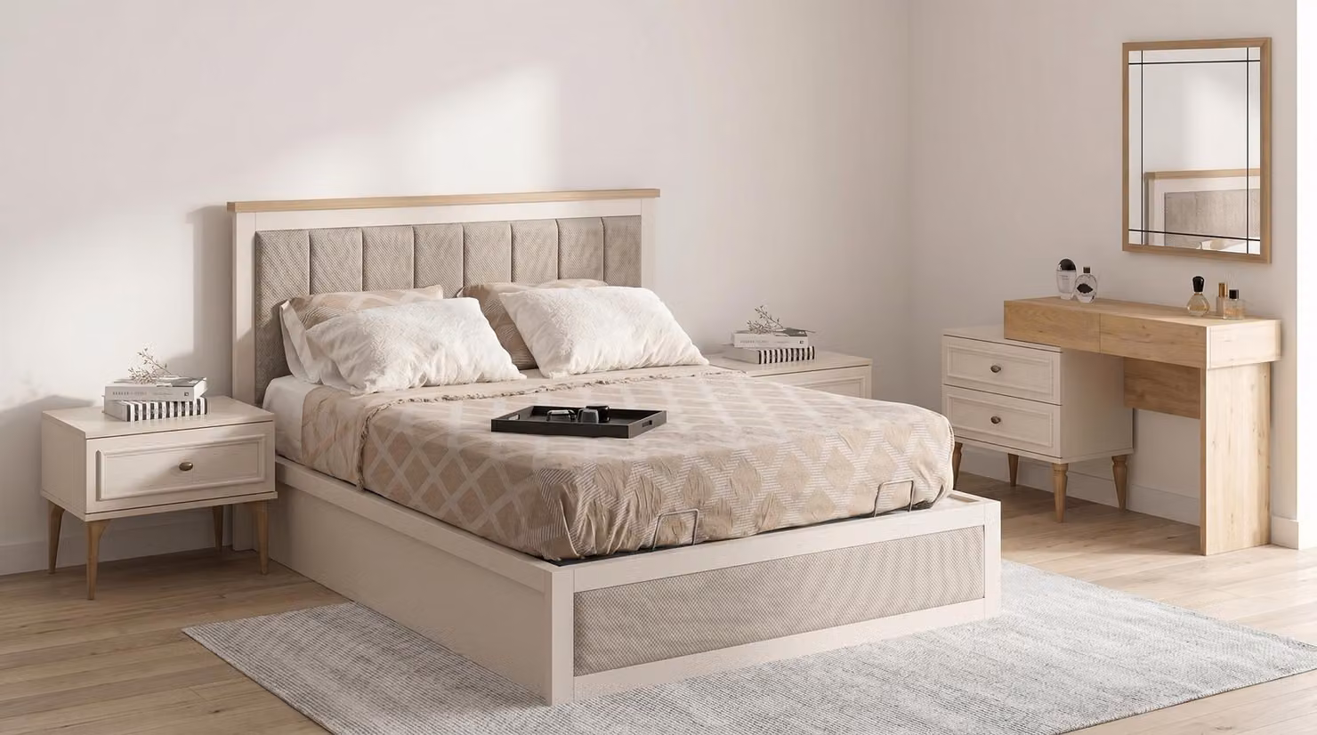 Letto elegante con contenitore integrato, cassettiera e specchiera, set color crema