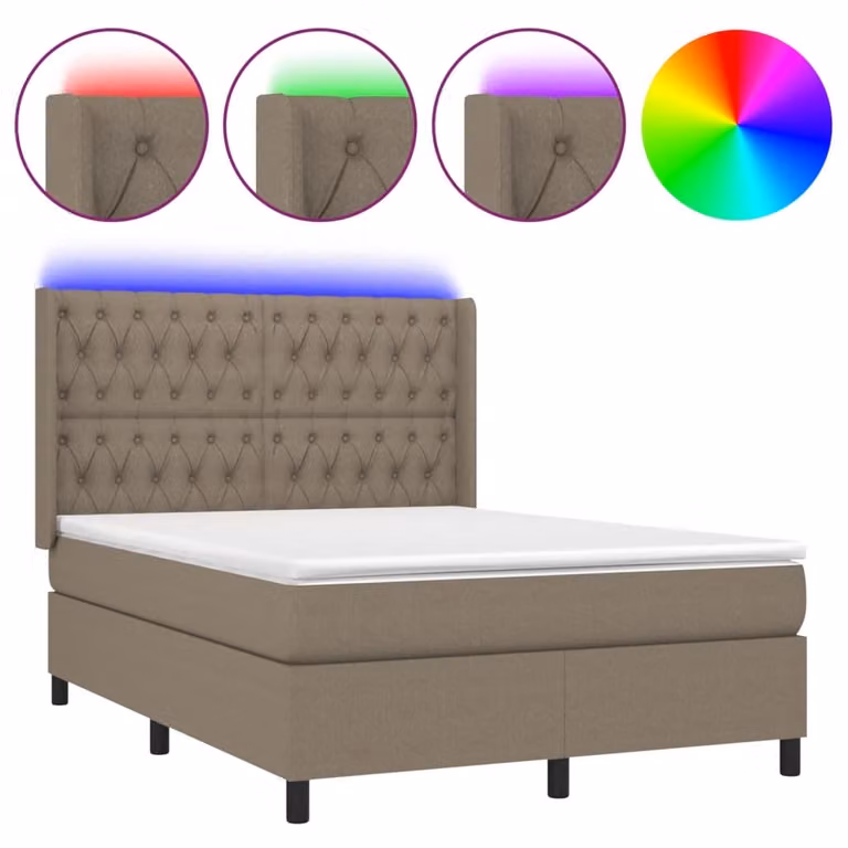 Letto a Molle con Materasso e LED Tortora 140x190 cm in Tessuto