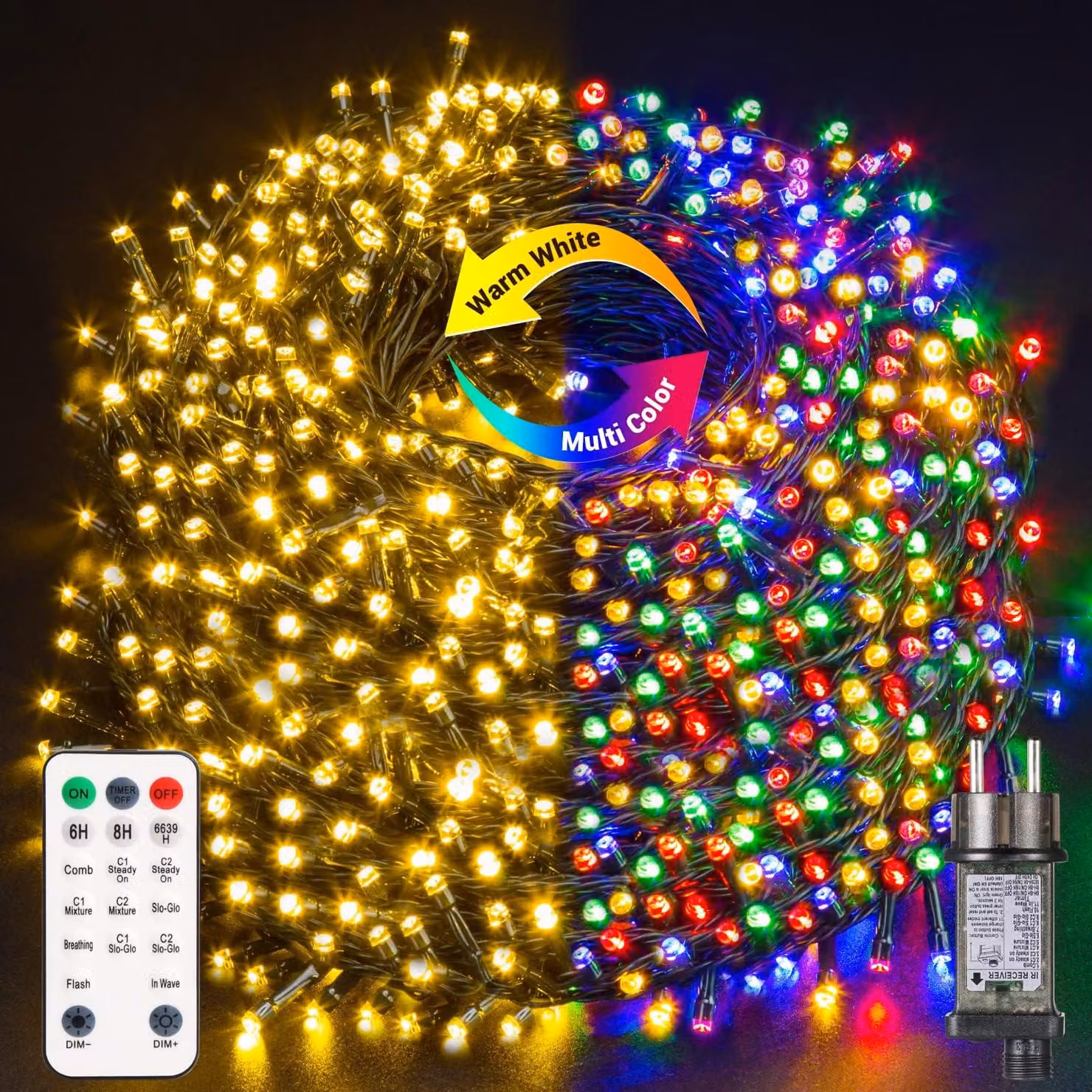 Catena luminosa a LED, 50 metri, 500 LED, cambio colore, grado di protezione IP44, timer, telecomando