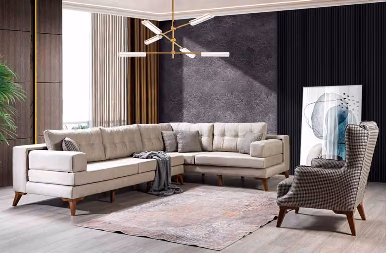 Beige Wohnzimmer Garnitur Designer Ecksofa Luxuriöser Sessel 2tlg Set