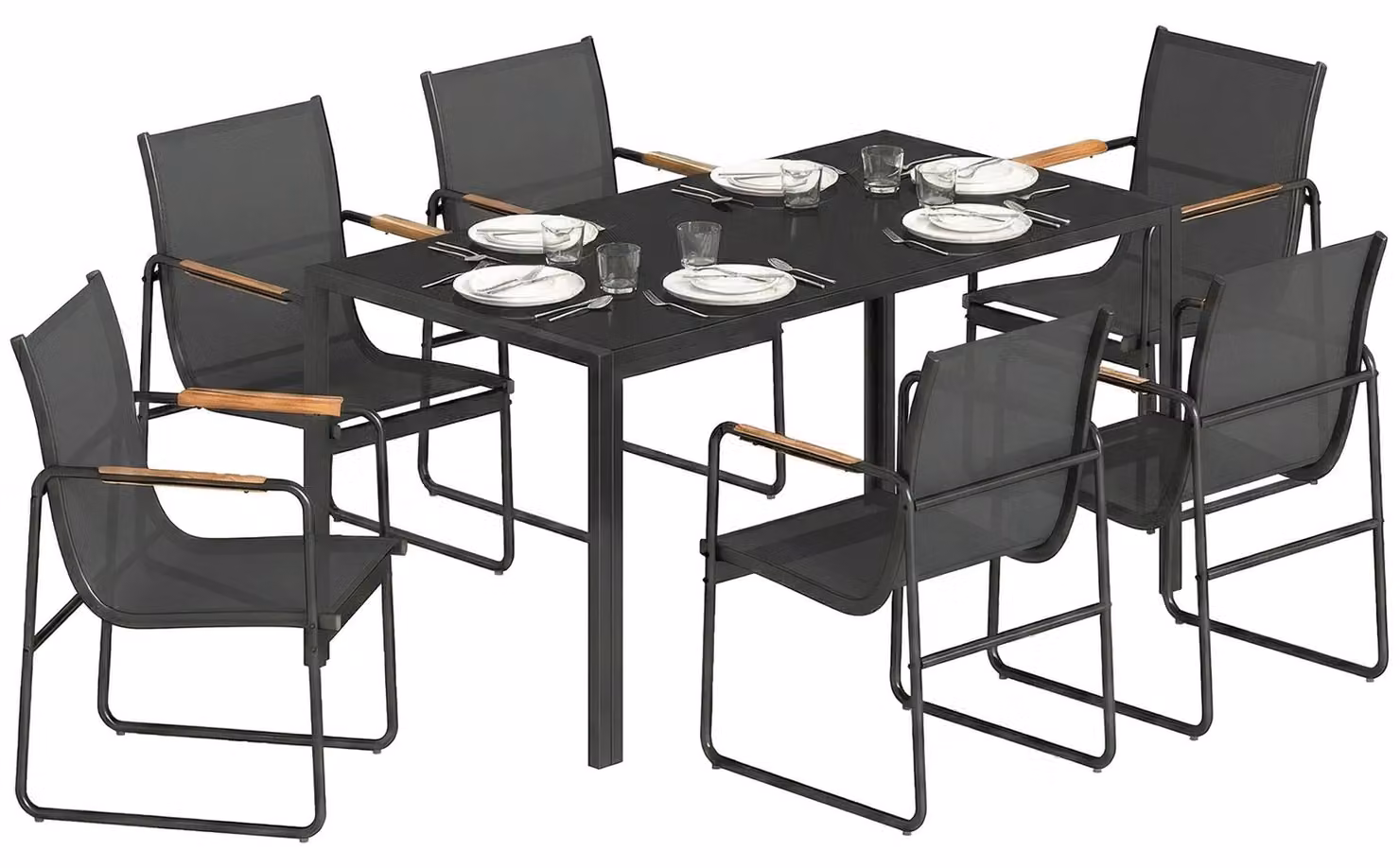 Set di mobili da giardino – Gruppo sedute con tavolino in vetro – 150 x 80 cm – 6 sedie traspiranti – Struttura in metallo – Rivestimento in polvere – Colore nero
